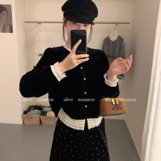 批发alive家2025冬季新款重工<b class='q'>蕾丝</b>花边丝绒里布加绒小衫女轻奢风外套