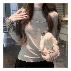 批发THETURE绒绒内搭打底衫上衣半高领修身显瘦百搭秋冬新款女木耳边