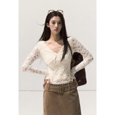 批发OAKMOO/V领修身蕾丝镂空针织衫打底衫女秋冬百搭保暖<b class='q'>长袖</b>内搭上衣