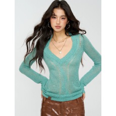 批发GINGER4muggle绞花细闪针织<b class='q'>毛衣</b>秋彩色修身辣妹打底衫气质上衣