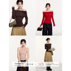 批发谢不肉 一字肩修身红色T恤女<b class='q'>冬</b>季韩系半高领内搭无袖网纱背心套装