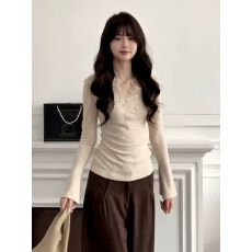 批发法式蕾丝V领长袖针织女秋<b class='q'>冬</b>高级感修身显瘦辣妹内搭打底衫上衣潮