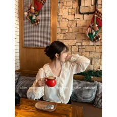 批发官图  甜美气质V领蕾丝边丝绒上衣