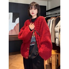 批发<b class='q'>大码</b>高级感红色毛衣外套女2025新款秋冬胖mm圣诞穿搭针织<b class='q'>开衫</b>上衣