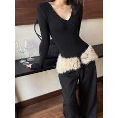 批发巨好看的上衣不撞款内搭打底衫修身黑色铆钉<b class='q'>v领</b>收腰长袖t恤女秋冬