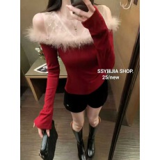 批发吴一涵<b class='q'>蕾丝</b>拼接毛毛V领喇叭袖T恤女秋冬圣诞氛围气质修身打底<b class='q'>上衣</b>