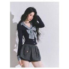 假两件美式蝴蝶结格子T恤女秋2025新款修身显瘦辣妹别致短款上衣