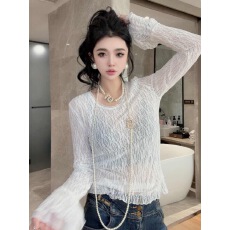 韩版时尚设计感温柔风甜美钩花镂空蕾丝打底衫女新款洋气小衫上衣