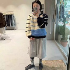 批发手工粗针撞色毛衣宽松显瘦套头针织衫女款秋冬百搭条纹慵懒风上衣