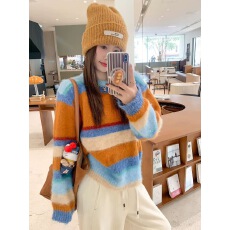 批发曾小咸 韩系多巴胺条纹毛衣女秋冬新款小个子内搭针织衫上衣冬季