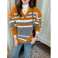 批发新款~韩系洋气百搭V领撞色条纹长袖针织衫毛衣女
