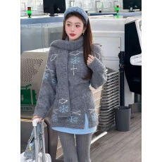 批发复古北欧费尔岛灰色提花毛衣宽松针织衫半裙配围巾套装