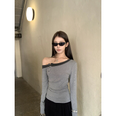 批发红人馆长袖t恤<b class='q'>女</b>2026<b class='q'>新款</b>春季纯欲风辣妹灰色假两件修身斜肩上衣