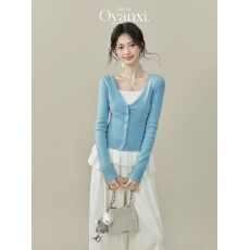 批发欧阳喜慵懒周末<b class='q'>宽松</b>蓝色长袖开衫上衣女秋季背心吊带两件套装