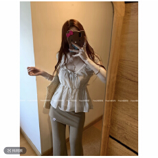 批发花边系带设计感条纹上衣女夏韩系<b class='q'>短袖</b>小衫+微喇叭<b class='q'>裤</b>子