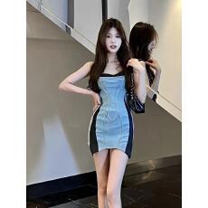 批发甜辣性感吊带<b class='q'>牛仔</b>连衣裙女2024夏季新款高级感修身气质拼接<b class='q'>包臀裙</b>