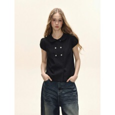 批发SHIYIYUE甜辣妹<b class='q'>娃娃领</b>短袖女夏季美式修身泡泡袖上衣设计感娃娃衫