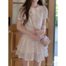 批发学院甜美温柔蝴蝶结泡泡袖粉色波点衬衫<b class='q'>连衣裙</b>女学生夏日新款短裙