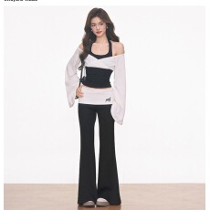 批发纯欲风假两件挂脖露肩<b class='q'>长袖</b>上衣女春季新款高腰修身显瘦休闲裤套装