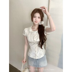 批发CallmeEar//<b class='q'>波点</b>舞曲娃娃领短袖缎面<b class='q'>衬衫</b>女春夏收腰显瘦上衣