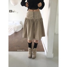 批发韩系复古奶咖波点<b class='q'>伞</b><b class='q'>裙</b>百搭高腰排扣俏皮褶皱半身中<b class='q'>裙</b>