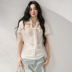 批发7Shiftin原创设计波点挂脖上衣条纹修身抹胸套装夏季新款透气罩衫