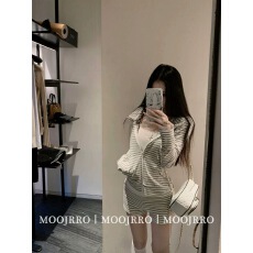 批发韩系休闲运动套装女夏季慵懒修身长袖条纹<b class='q'>上衣</b>开衫包臀短裤两件套