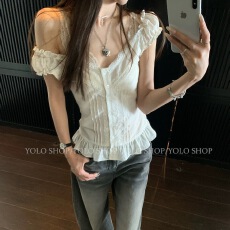 批发YOLO SHOP古董少女獨<b class='q'>家</b>100棉蕾丝设计叠穿纯欲木耳边夏季短袖上衣