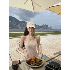 批发Tongiiuu Rose girl 镂空绞花针织挂脖<b class='q'>背心</b>女修身显瘦无袖上衣夏