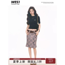 批发4.13新品黑色针织中袖短袖上衣女通勤+格纹包臀中裙