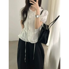 批发夏季新款小香风洋气花边<b class='q'>立领</b>波点衬衫抽绳显瘦泡泡袖系扣上衣女装