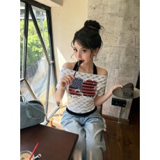 批发美式辣妹复古风印花斜领短袖t恤女夏季新款<b class='q'>街头</b>休闲上衣