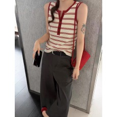 批发BADX<b class='q'>正品</b>设计感剪刀领条纹针织背心女2026夏季撞色显瘦无袖上衣