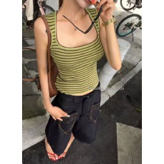 批发辣妹美式条纹U领<b class='q'>吊带</b><b class='q'>背心</b>女夏季新款外穿内搭运动修身上衣