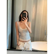 批发SUNONEONE 韩系辣妹休闲<b class='q'>套装</b>女夏蕾丝吊带纽扣修身U领背心两件套