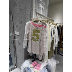 批发MH家 <b class='q'>韩版</b>撞色领数字印花条纹拉肩长袖<b class='q'>T</b><b class='q'>恤</b>宽松休闲时尚洋气上衣