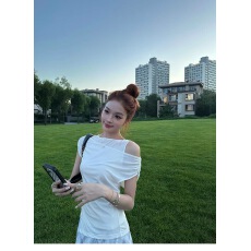批发Goo Goo Eyes韩系真两件叠穿天丝斜肩<b class='q'>上衣</b><b class='q'>女</b>夏修身显瘦气质两件套