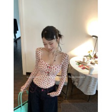 批发DULA好好家 俏皮辣妹/红色小爱心网纱长袖T恤<b class='q'>女</b>早秋外穿修身上衣