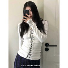 批发LIDASHI25撞色交叉绑带长袖<b class='q'>T</b>恤女简约百搭假两件设计感<b class='q'>白色</b>打底