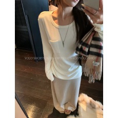 批发YOLO SHOP  莱赛尔羊毛口袋设计长袖<b class='q'>T</b>恤女宽松磨毛针织打底上衣