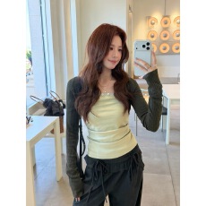 批发Even一雯韩女曲线韩系撞色假两件上衣修身显瘦坎肩抹胸长袖
