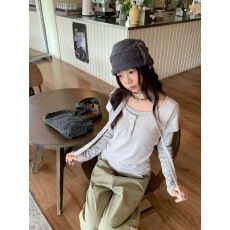 批发hollyii 韩系亨利领挂脖飘带<b class='q'>条纹</b>假两件上衣女<b class='q'>T</b><b class='q'>恤</b>2026秋季新款