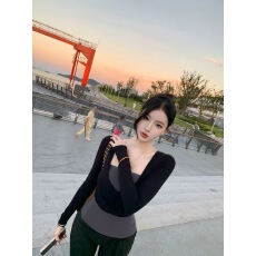 批发Farte Shop叠穿秘诀 V领抹胸长袖T恤两件套女春秋收腰上衣