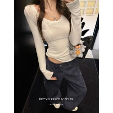 批发黑豆哼哼 叠穿刚需*大U领磨毛修身长袖打底衫女百搭显瘦基础款T恤