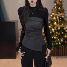 批发不规则拼接假两件长袖t恤女2026春季大码<b class='q'>胖</b><b class='q'>MM</b><b class='q'>收腰</b>显瘦巨好看上衣