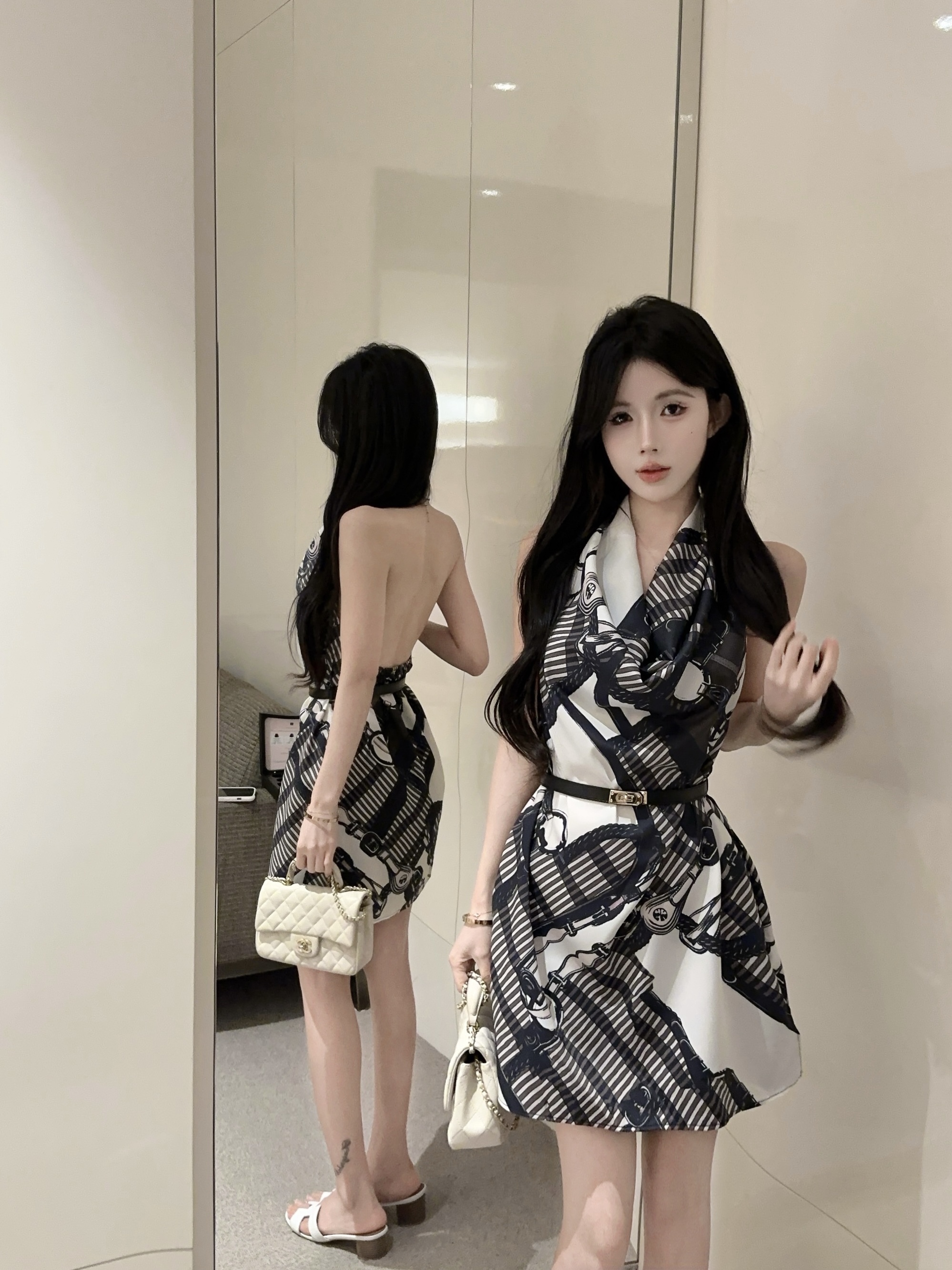 FA34779# 老钱风荡领拼色收腰连衣裙配腰带 服裝批發女裝批發服飾貨源