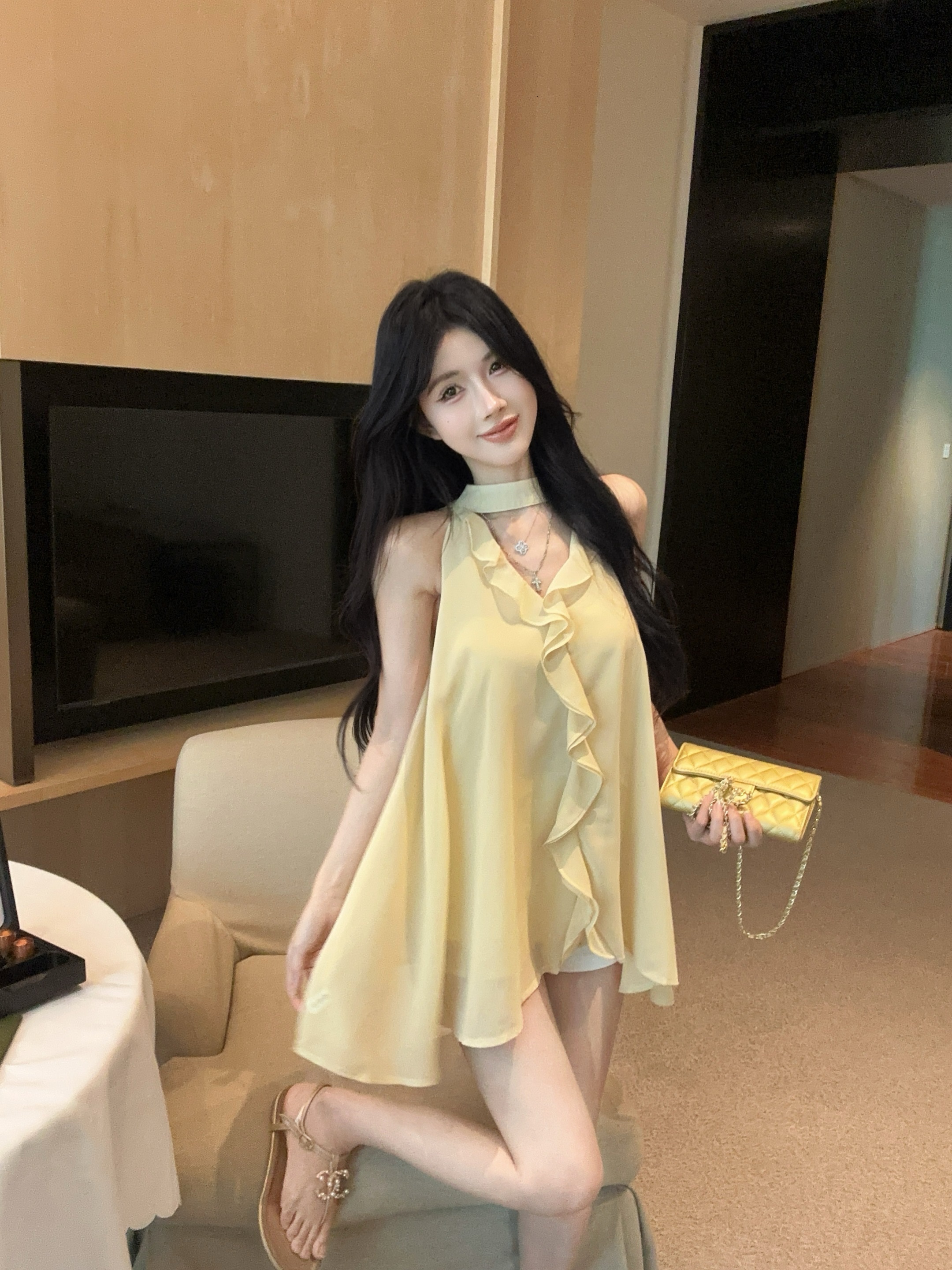 FA34780# 法式荷叶边设计围脖飘带上衣 服裝批發女裝批發服飾貨源