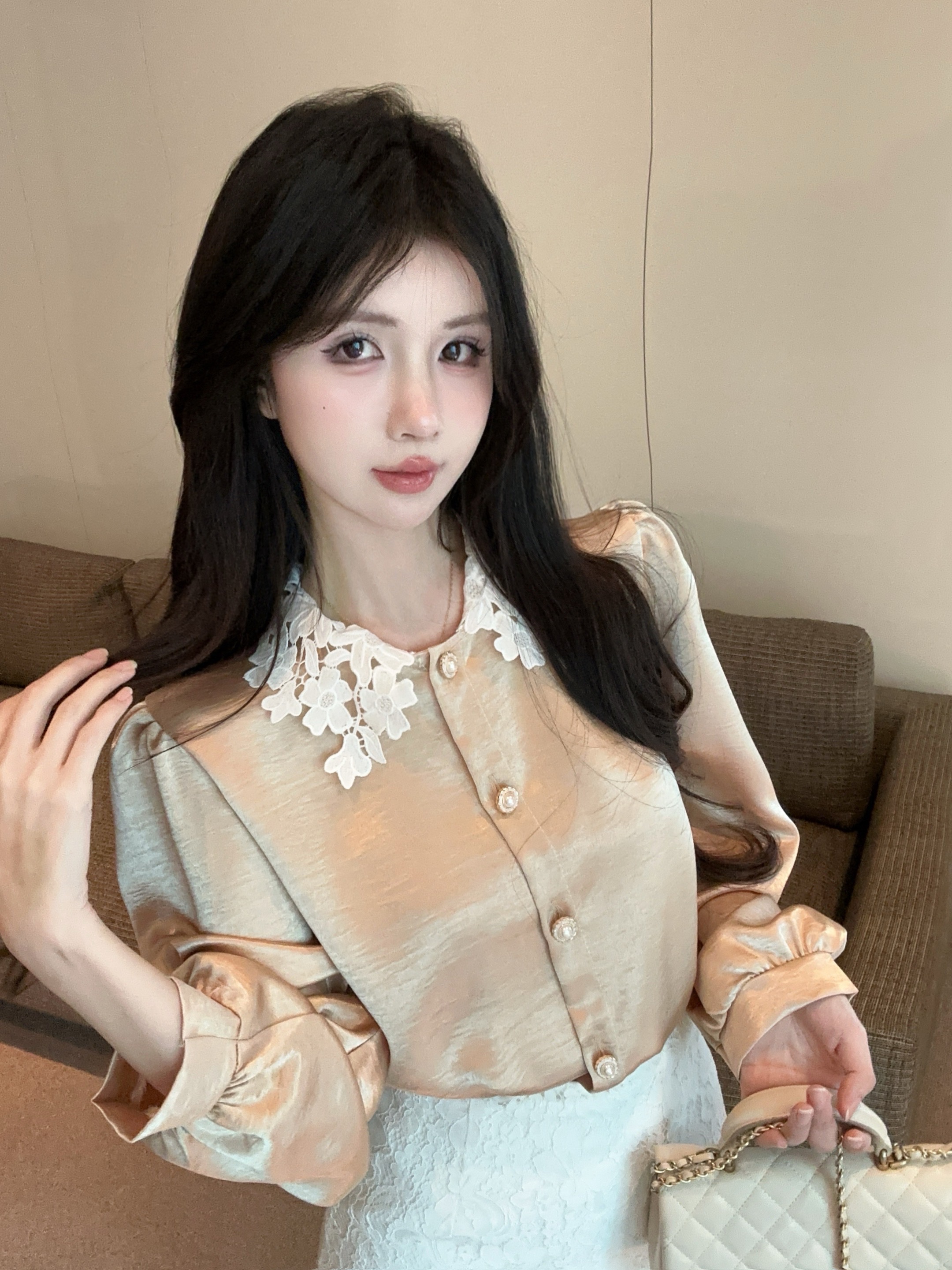 FA36761# 法式蕾丝领宽松减龄单排扣气质上衣 服裝批發女裝批發服飾貨源