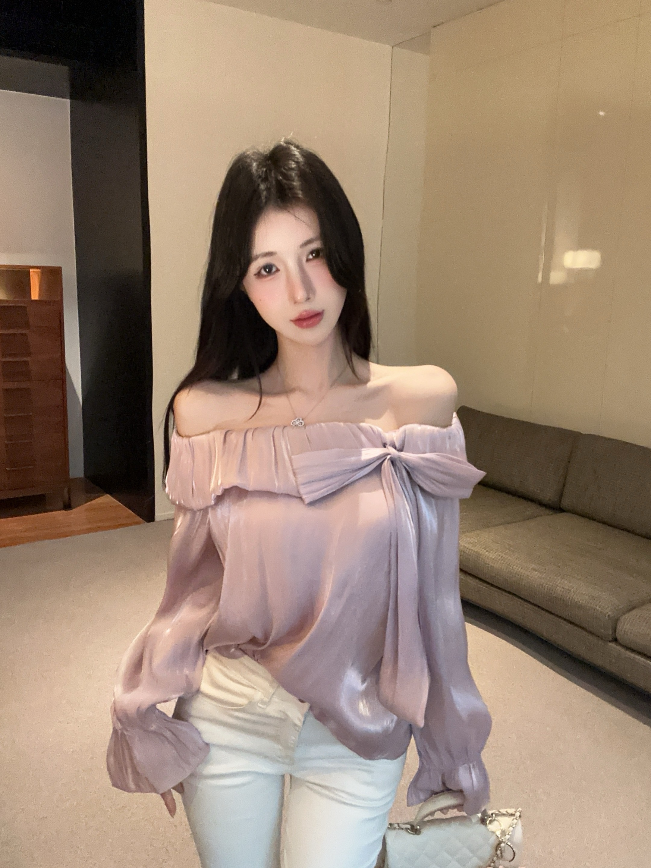 FA36757# 纯欲一字肩系带喇叭袖长袖上衣 服裝批發女裝批發服飾貨源