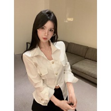 批发实拍实价 简约气质纯色修身Polo领长袖衬衫上衣